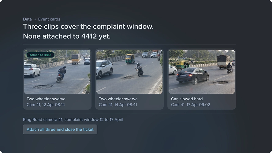 Pull the footage for the pothole complaint on Ring Road, ticket 4412